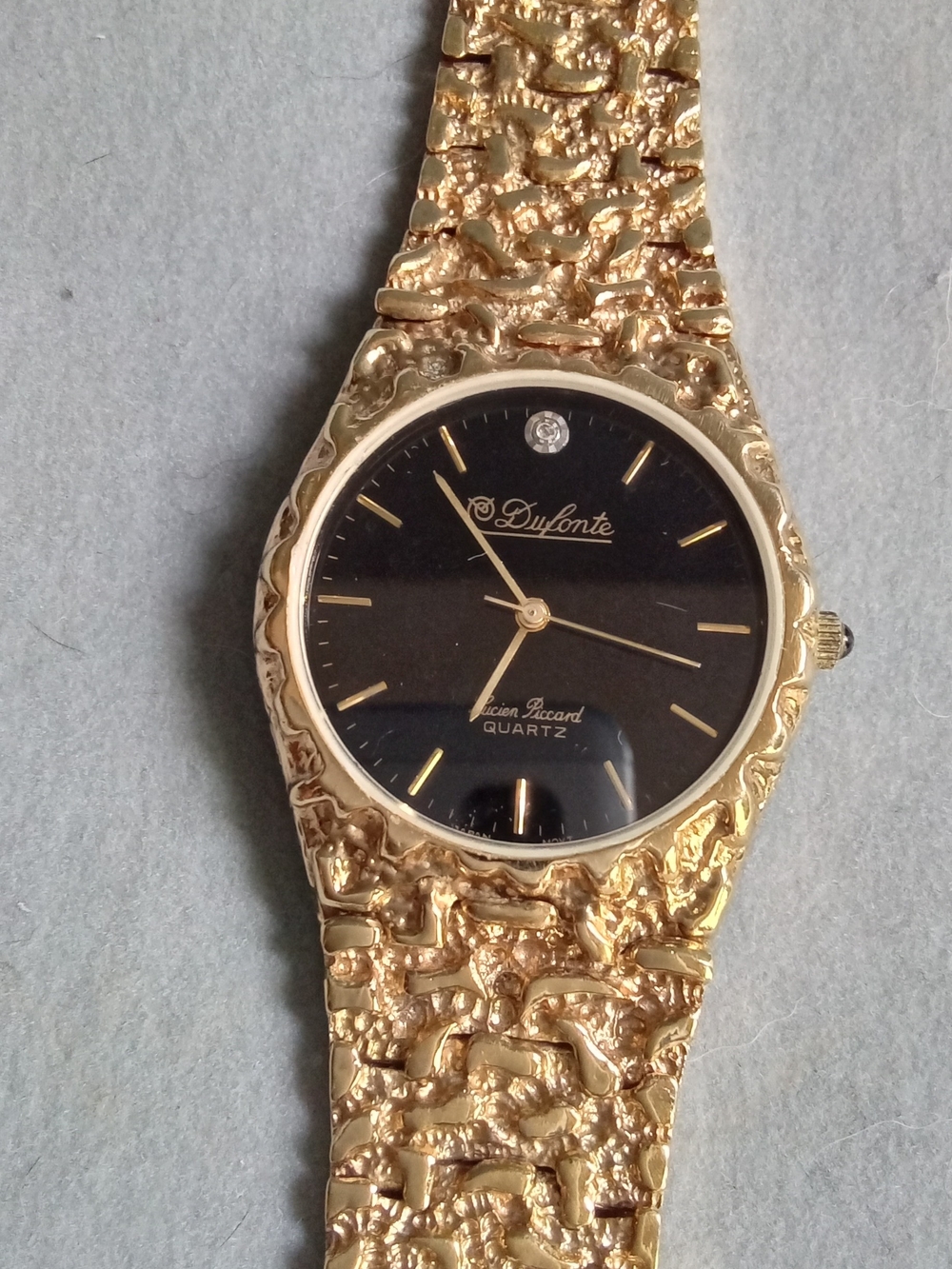 Lucien Piccard Dufonte Gold Tone Nugget Watch Black Dial Quartz Vintage Style